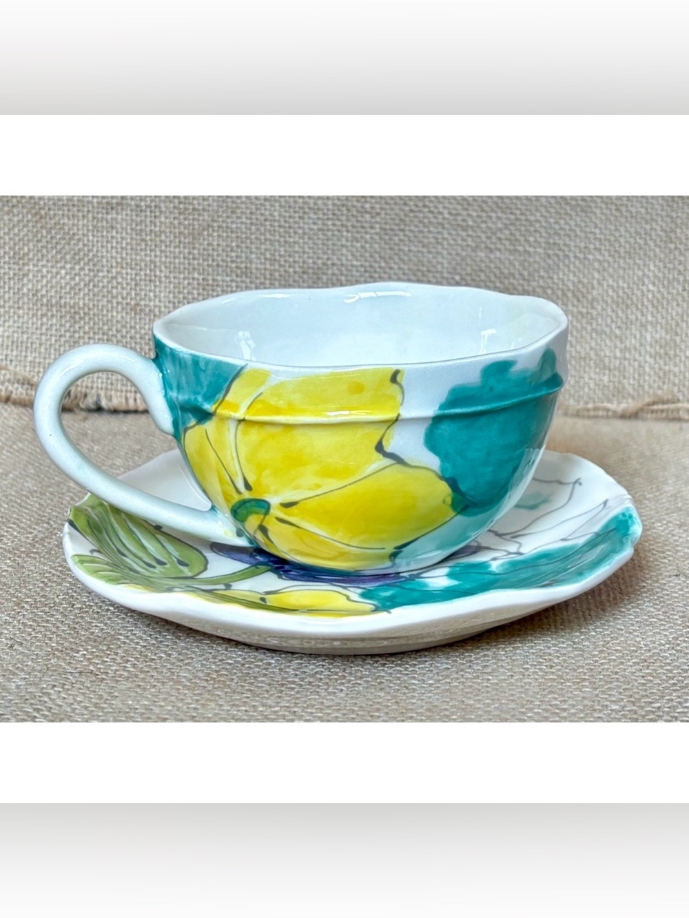 Hand Painted Shabby Floral Teacup And Saucer Set Portugal Art Pottery Artsy